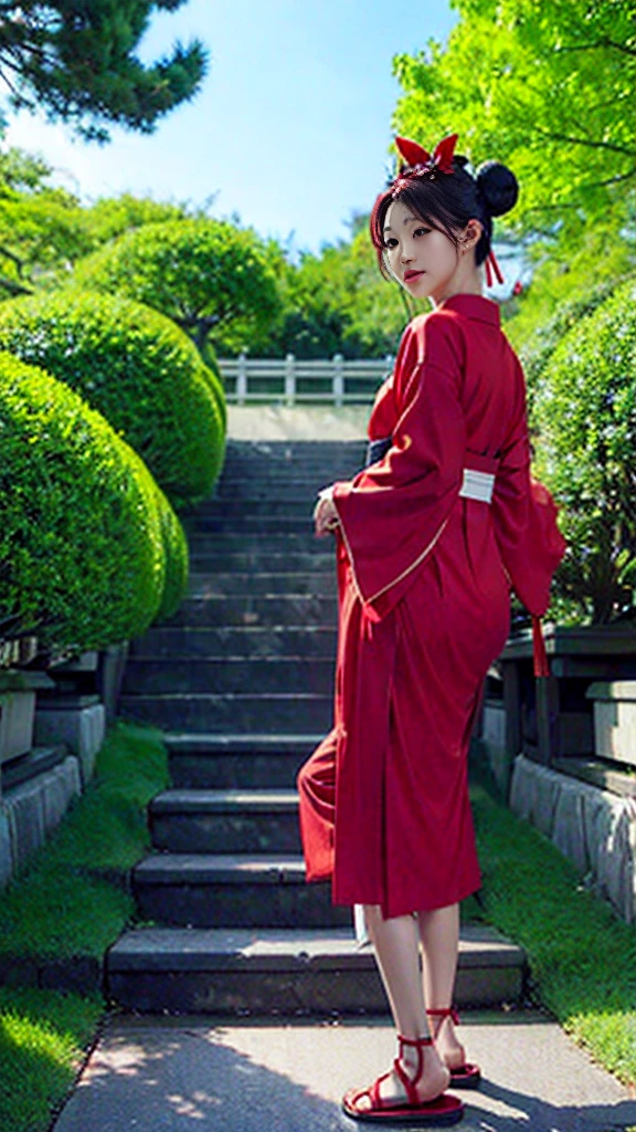 ((masterpiece,best quality)),outdoor, Red Torii, Tree,  stairs,, 2 girls, Shrine maiden,Shrine maiden, Looking at the audience, look back,, Red Legwear, red Ribbon, Black Hair,樱flower, sky, flower, Hair Bun, hair Ribbon, Japanese clothes, kimono, Long hair, Cat ears, small flowers，, Multiple girls,  Red Eyes, Red hair, Ribbon, sandals, single Hair Bun, permanent,clog sandals,white kimono, Yellow eyes,火flower,High Leg Raise,