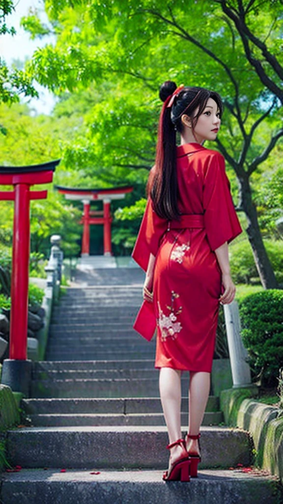 ((masterpiece,best quality)),outdoor, Red Torii, Tree,  stairs,, 2 girls, Shrine maiden,Shrine maiden, Looking at the audience, look back,, Red Legwear, red Ribbon, Black Hair,樱flower, sky, flower, Hair Bun, hair Ribbon, Japanese clothes, kimono, Long hair, Cat ears, small flowers，, Multiple girls,  Red Eyes, Red hair, Ribbon, sandals, single Hair Bun, permanent,clog sandals,white kimono, Yellow eyes,火flower,High Leg Raise,