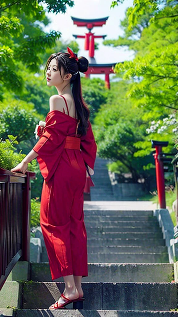 ((masterpiece,best quality)),outdoor, Red Torii, Tree,  stairs,, 2 girls, Shrine maiden,Shrine maiden, Looking at the audience, look back,, Red Legwear, red Ribbon, Black Hair,樱flower, sky, flower, Hair Bun, hair Ribbon, Japanese clothes, kimono, Long hair, Cat ears, small flowers，, Multiple girls,  Red Eyes, Red hair, Ribbon, sandals, single Hair Bun, permanent,clog sandals,white kimono, Yellow eyes,火flower,High Leg Raise,