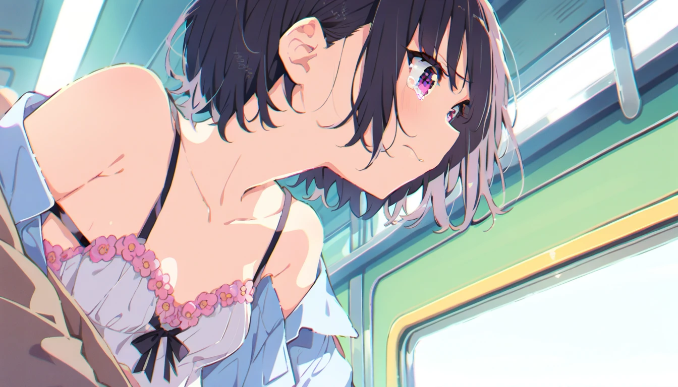 A middle-aged man is grabbing the breasts of a girl with a floral bra, no underwear, a blue checked skirt, erect nipples, short black hair, small breasts, and light pubic hair, who is crying in disgust on a train.