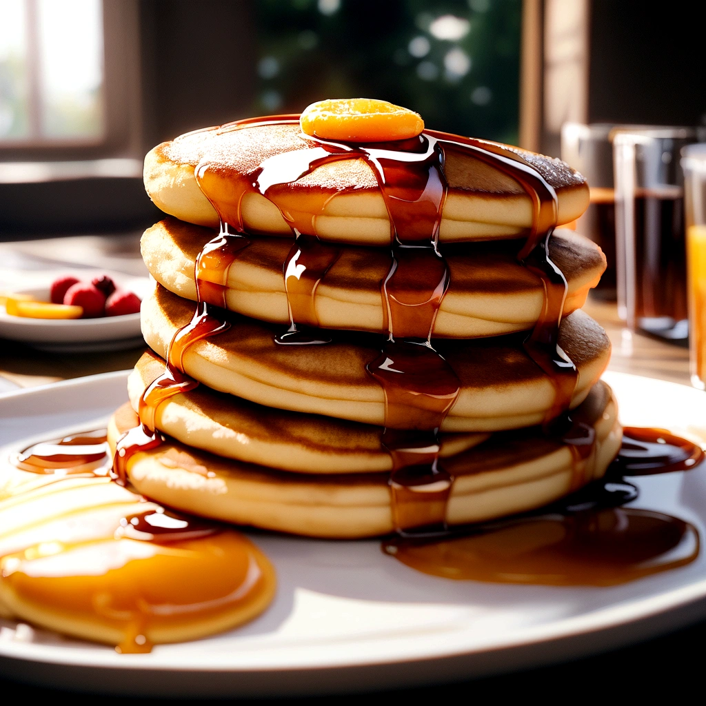 Pancakes with fruit,syrup, masterpiece,Highest quality,Professional photography,Detailing,8K,The background is white