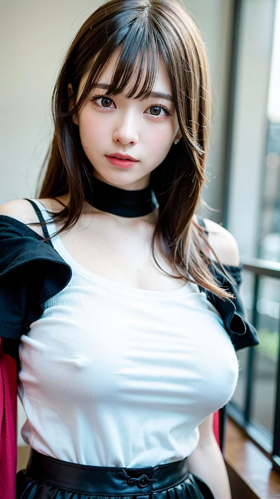 best quality, ultra high res, (photorealistic:1.4), 1girl, off-shoulder white shirt, black tight skirt, black choker, (faded ash gray hair:1), (huge breasts:1.2), looking at viewer, closeup ,