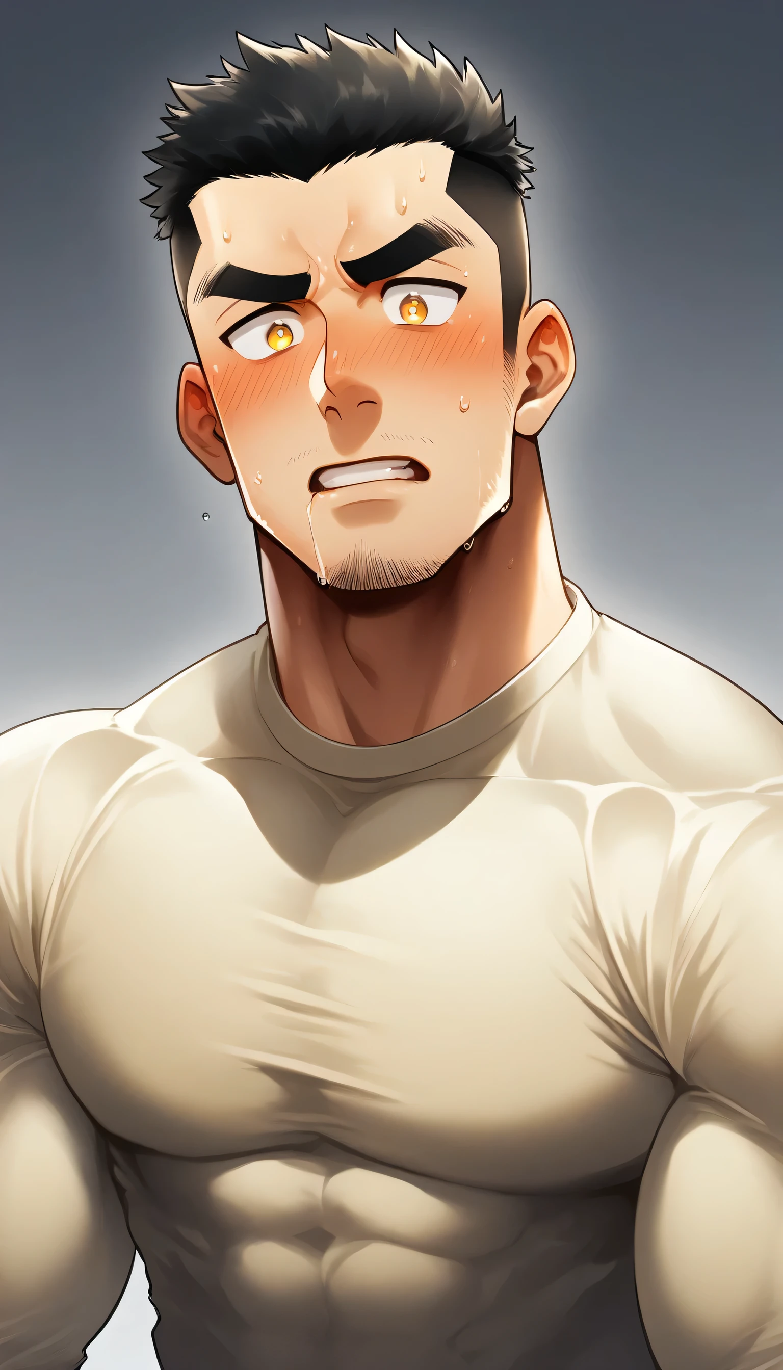 anime characters:Tights superhero, Muscle superhero, 1 muscular tough guy, Manliness, male focus, Light yellow high collar long sleeve tight T-shirt, Very tight, The clothes were soaked with sweat, The pectoral muscles are oversized, Slightly transparent, muscular male, muscular, only, Upper body, alone, Black short hair, Thick eyebrows, stubble, Yellow eyes, Grey background, simple background, amazing quality, best aesthetics, Ridiculous, bright pupils, crew cut, parted lips, shy, blush, moaning, saliva trail, drop shadow, best quality