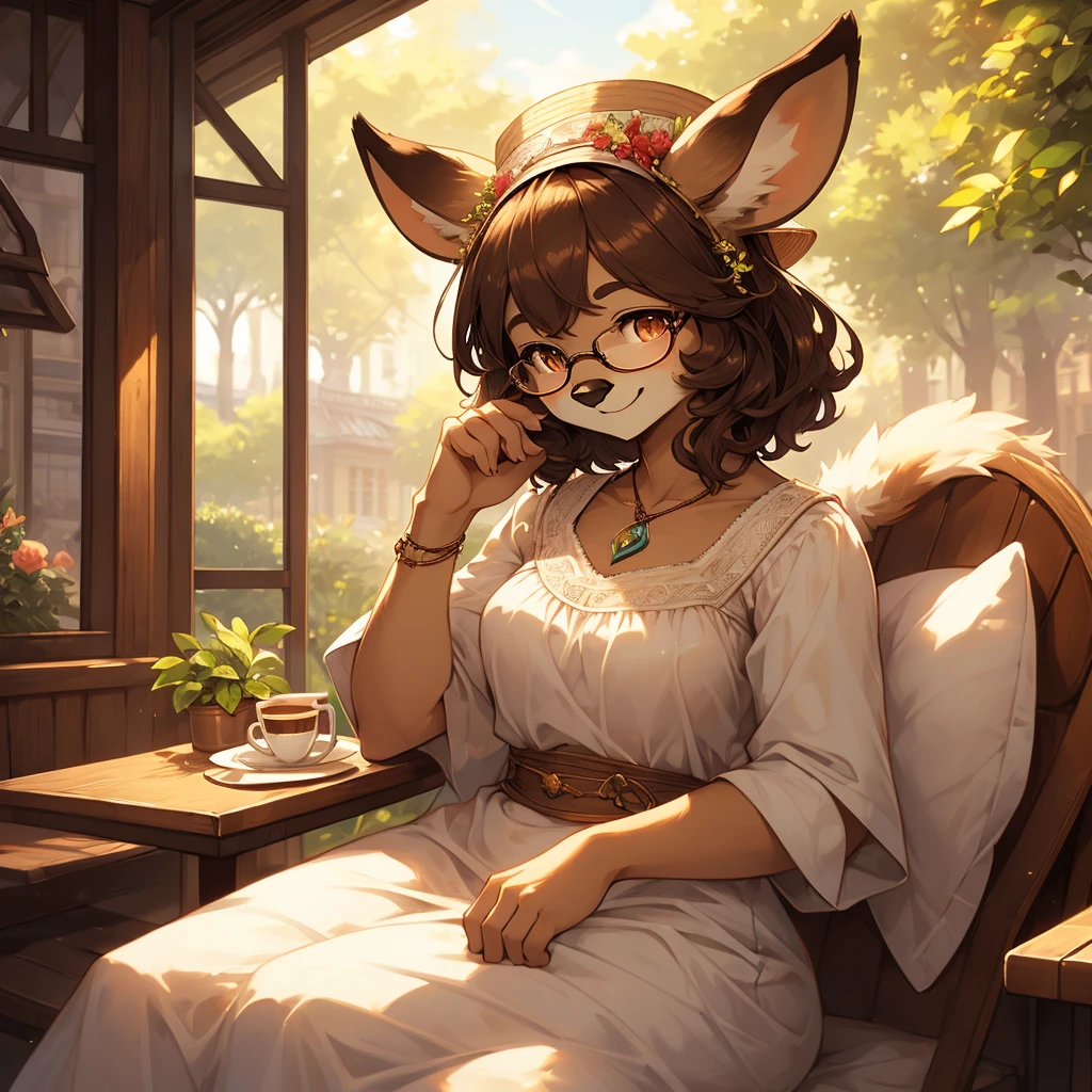 uploaded on e621, by Pixelsketcher, by Bayard Wu, by Thomas Benjamin Kennington , by Einshelm, by hioshiru and kenket, Chunie, portrait, solo anthro female deer doe, tiny featureless breasts, tiny breasts, clear dark blue, cinematic lighting, day, sunny day, sitting outside at a café, café background, french background, old french background, shiny, short curly dark brown hair, short hair, wears big black nerd glasses, very very beautiful furry art, furry art, thoughtful, shiny, feminine, cute face, muzzle, fluffy chest, flawless face, Fallow deer, 1girl, Sakimichan is beautiful, Masterpiece, Wavethesallow Face, shiny, Detailed image, portrait, Detailed image, portrait, wears pure white wide, big blouse, wears beige summer straw hat, shiny, realistic face, perfect anatomy, hourglass body, anthropomorphic deer, happy, very happy, small ears, huge black nerd glasses, wide happy eyes, look at viewer, smiles, big smile, holds with both hands a cup of coffee, hourglass body, (furry body:1.1), anthropomorphic deer, small fluffy tail, detailed background, (cute anatomy:1.1), looks into the distance