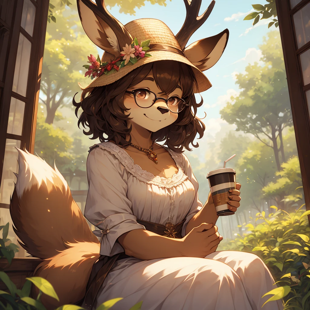 uploaded on e621, by Pixelsketcher, by Bayard Wu, by Thomas Benjamin Kennington , by Einshelm, by hioshiru and kenket, Chunie, portrait, solo anthro female deer doe, tiny featureless breasts, tiny breasts, clear dark blue, cinematic lighting, day, sunny day, sitting outside at a café, café background, french background, old french background, shiny, short curly dark brown hair, short hair, wears big black nerd glasses, very very beautiful furry art, furry art, thoughtful, shiny, feminine, cute face, muzzle, fluffy chest, flawless face, Fallow deer, 1girl, Sakimichan is beautiful, Masterpiece, Wavethesallow Face, shiny, Detailed image, portrait, Detailed image, portrait, wears pure white wide, big blouse, wears beige summer straw hat, shiny, realistic face, perfect anatomy, hourglass body, anthropomorphic deer, happy, very happy, small ears, huge black nerd glasses, wide happy eyes, look at viewer, smiles, big smile, holds with both hands a cup of coffee, hourglass body, (furry body:1.1), anthropomorphic deer, small fluffy tail, detailed background, (cute anatomy:1.1), looks into the distance