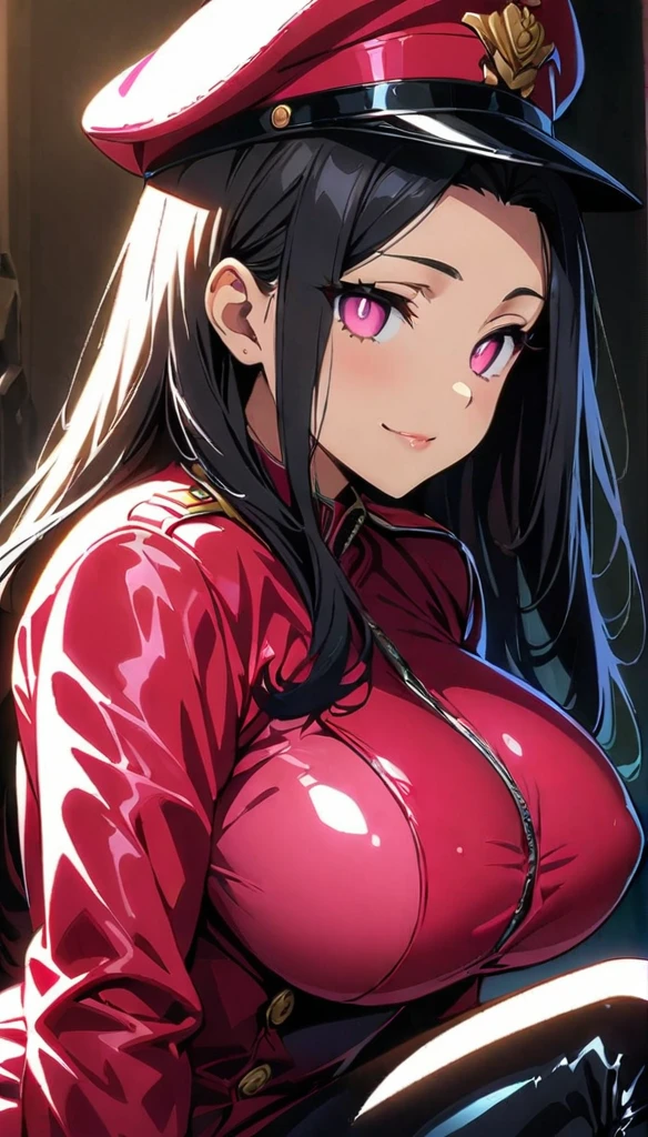 (highest quality:1.2,evil lady, anime artwork, Very detailed, High Detail, digital coloring, High Contrast, masterpiece:1.2, highest quality, Best aesthetics), 8k,masterpiece, cute,tall,beautiful,best quality, 1lady,black hair,long hair,empty eyes, (finely detailed empty pupils and detailed face),,,,extremely detailed cg unity 8k wallpaper,solo,(latex military costume:0.9),large breasts,seductive smile,military hat,latex thighhigh,large breasts,black hair,pink eyes,pink leotard,pantyhose,military coat,enamel suits,grossy lips,sitting,bust shot,sadistic smile,,heel,shiny skin,military coat,detailed face,beautiful body,full-body,adult,