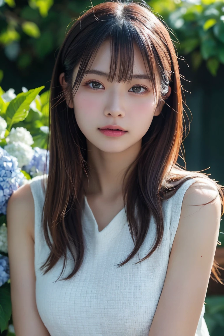 A highly detailed, photorealistic portrait of a beautiful young Asian woman with smooth skin, large expressive eyes, and natural makeup. She is surrounded by lush hydrangea bushes, with soft lighting and a shallow depth of field. The background is slightly blurred to emphasize her face. The image should capture her serene and gentle expression, with a focus on her delicate features and the natural beauty of the scene. High resolution, 8K, ultra-detailed, masterpiece, best quality. ((China dress))、((Upper Body:1.3))