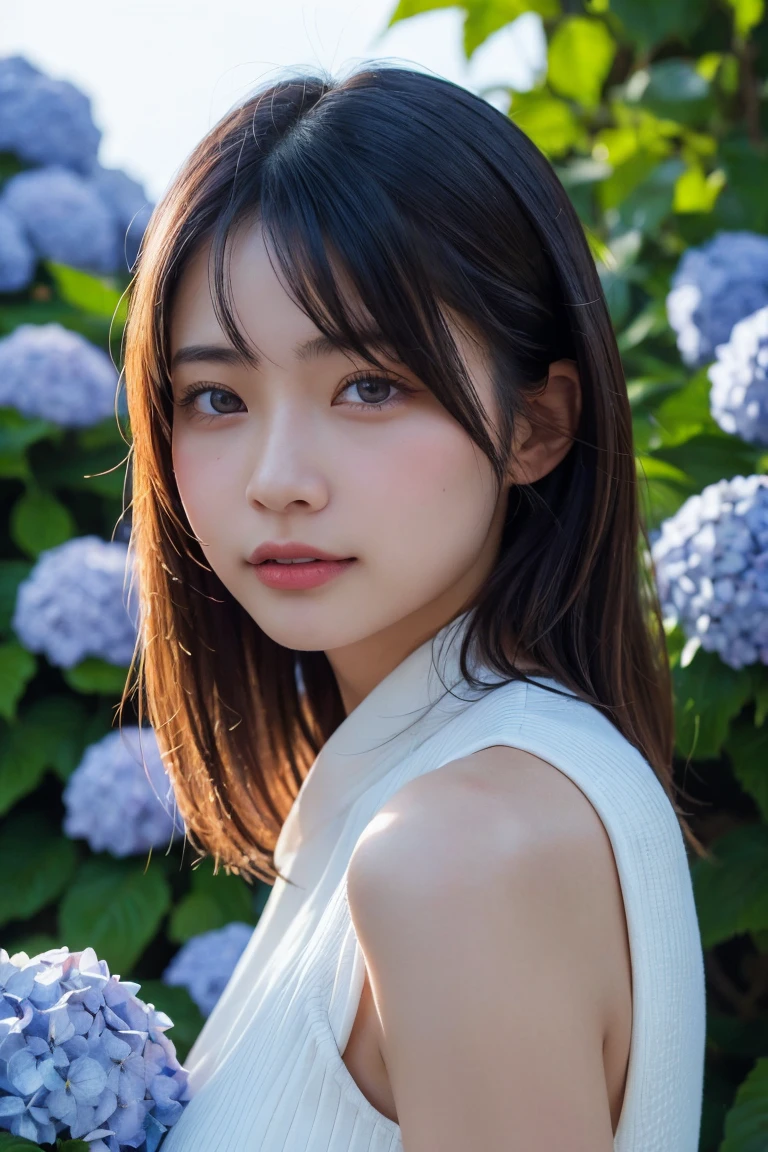 A highly detailed, photorealistic portrait of a beautiful young Asian woman with smooth skin, large expressive eyes, and natural makeup. She is surrounded by lush hydrangea bushes, with soft lighting and a shallow depth of field. The background is slightly blurred to emphasize her face. The image should capture her serene and gentle expression, with a focus on her delicate features and the natural beauty of the scene. High resolution, 8K, ultra-detailed, masterpiece, best quality. ((China dress))、((Upper Body:1.3))
