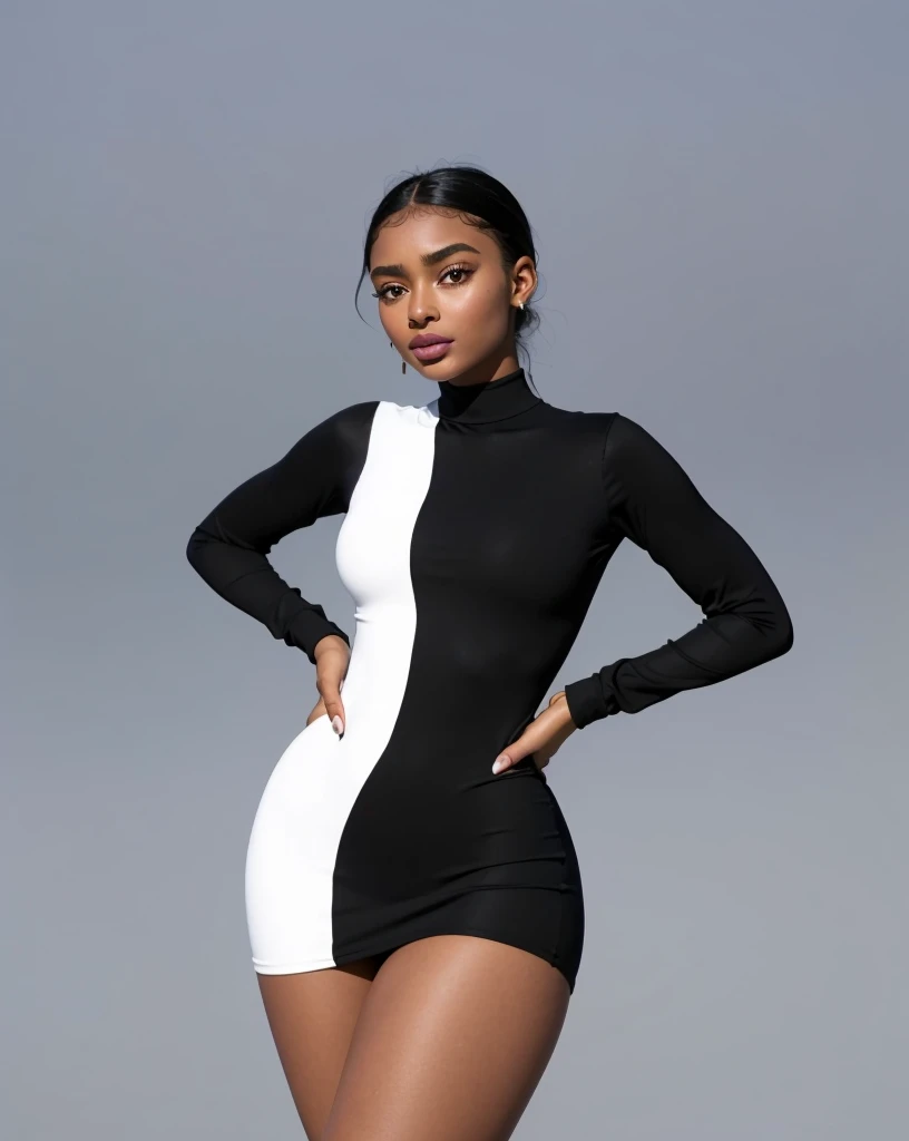 (Beautiful teen girl, Yara Shahidi, KIKI Layne, Kylie Jenner, Maitreyi Ramakrishnan, young Jessica Alba), Wearing tight white and black cotton-Lycra-fabric long sleeve mini dress, round breasts, slim waist, big hips, beautiful soft thighs, beautiful legs,(HDR, 8K, vivid, vibrant, detailed: 1.4), (hyper realistic, movie graphics)