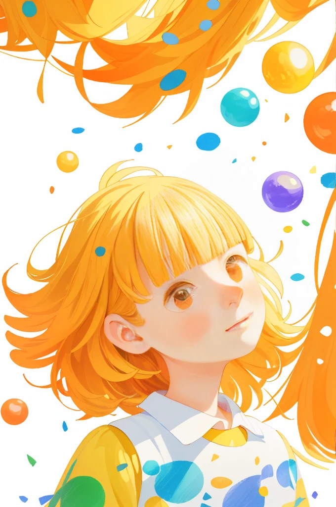 ((Masterpiece)), (Highest Quality)))), ((Super Detailed)), ((Illustration),[Realism Light Effect],Shadow,(Fantasy Style),(White Background:1.6), Simple Background,((1 Girl)),(Background Hair),(High Saturation),(((Masterpiece))),(Highest Quality),((Ultra Detail)),(Illustration),(Dynamic Angle),(Float)),(Paint),( (disheveled hair)),((Beautiful detail face))),collar,bare shoulders, ((Golden hair)),(Long hair),(Cropped bangs:1,2)Beautiful detailed eyes,(Orange eyes),(Colorful background))),(Saturated background),(Colorful splash)), (surrounded by colorful dots)))), Colorful bubble, (((Glowing)),
