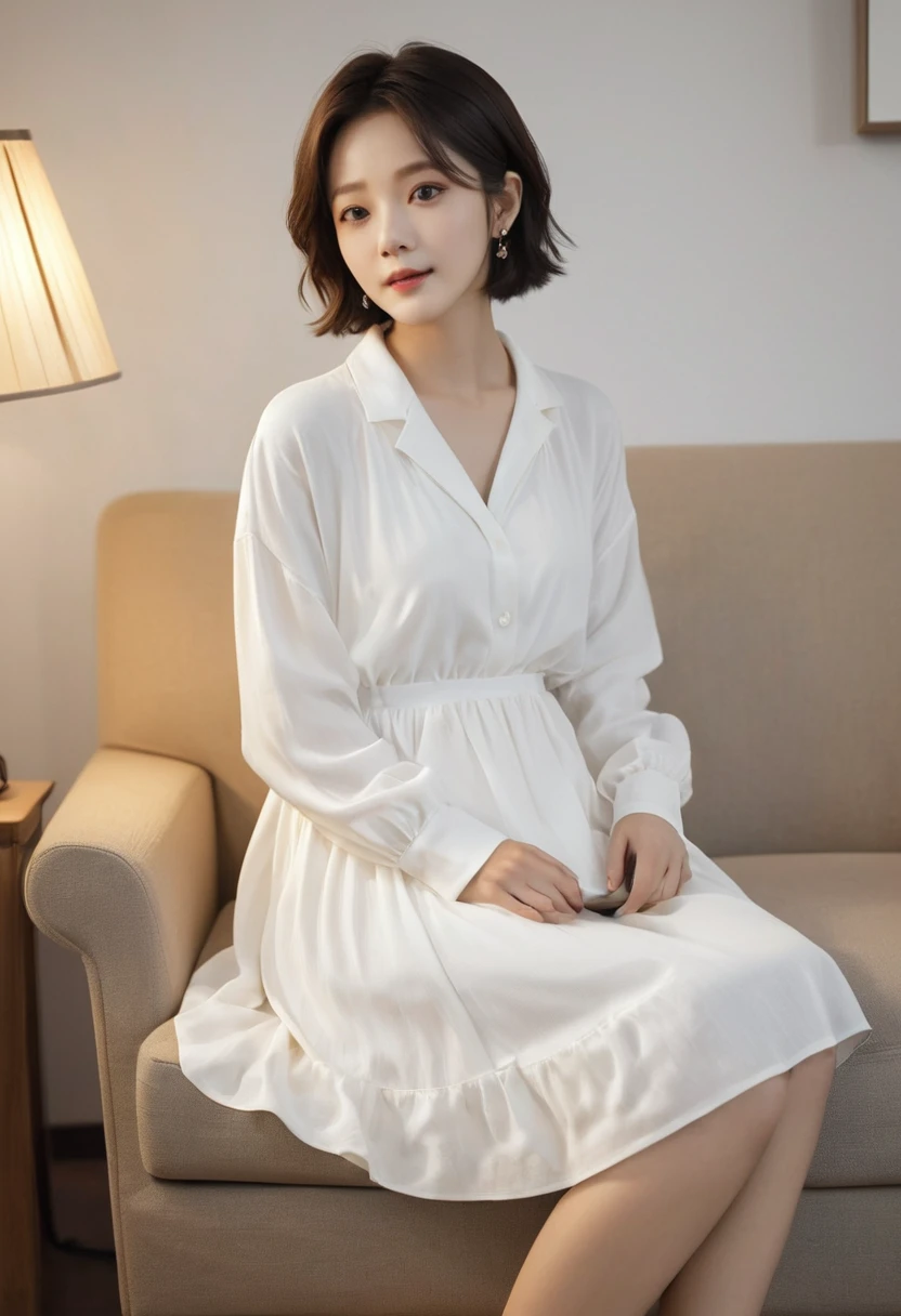 Comfortable everyday look, woman in white dress, living room, chest B cup, Inspired by Jiwon Kim, jiyun chae, inspired by Russell Lu Dongjun, Song inspired by Gao Qipei, by Russell Lu Dongjun, Inspired by Shin Min-jeong., /Short hair