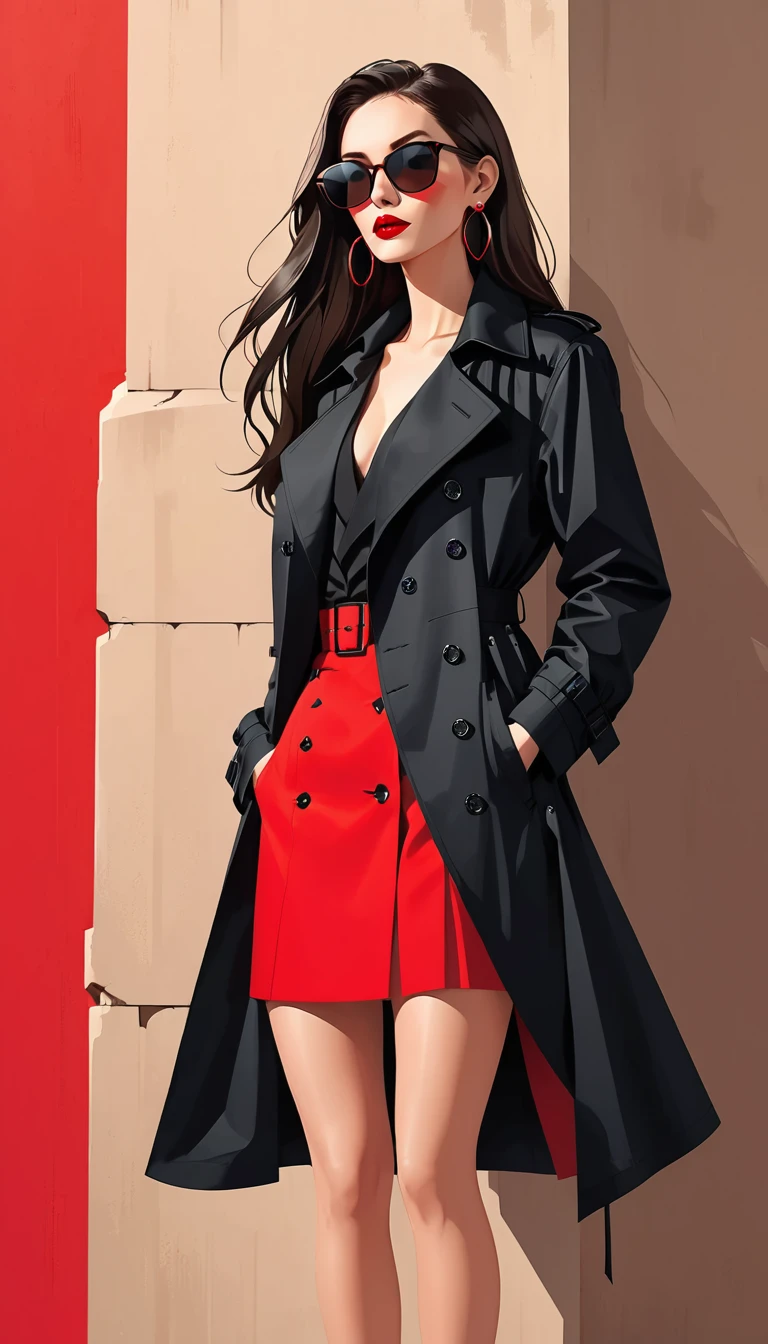 Simple vector illustration，Beautiful girl standing against the wall，Delicate red lips，unique，confidence，Long straight hair，sunglasses，Exaggerated earrings，unique，Staring at the audience），（(Black deep V trench coat：1.37，Red bottoming skirt)）。Looking from the bottom up，Geometric Light and Shadow，Clean and simple red background，watch