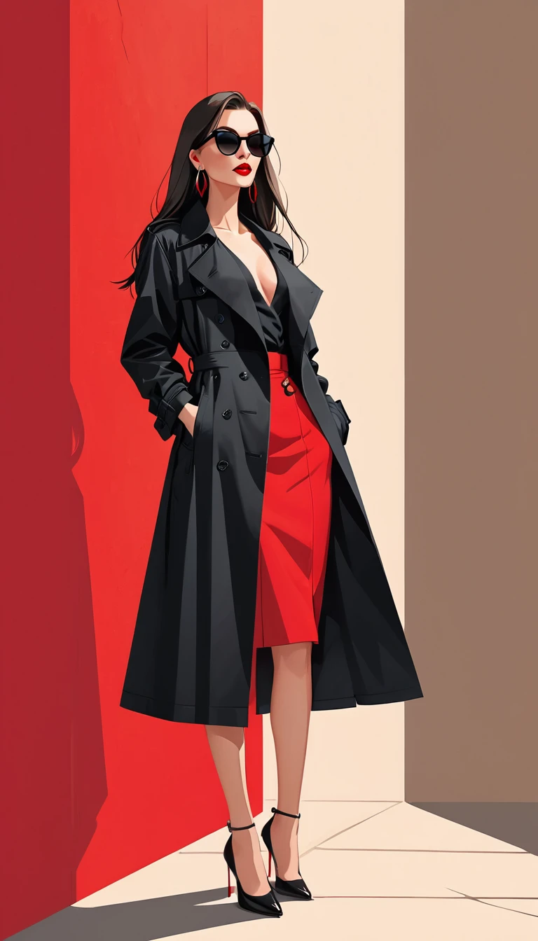 Simple vector illustration，Beautiful girl standing against the wall，Delicate red lips，unique，confidence，Long straight hair，sunglasses，Exaggerated earrings，unique，Staring at the audience），（(Black deep V trench coat：1.37，Red bottoming skirt)）。Looking from the bottom up，Geometric Light and Shadow，Clean and simple red background，watch