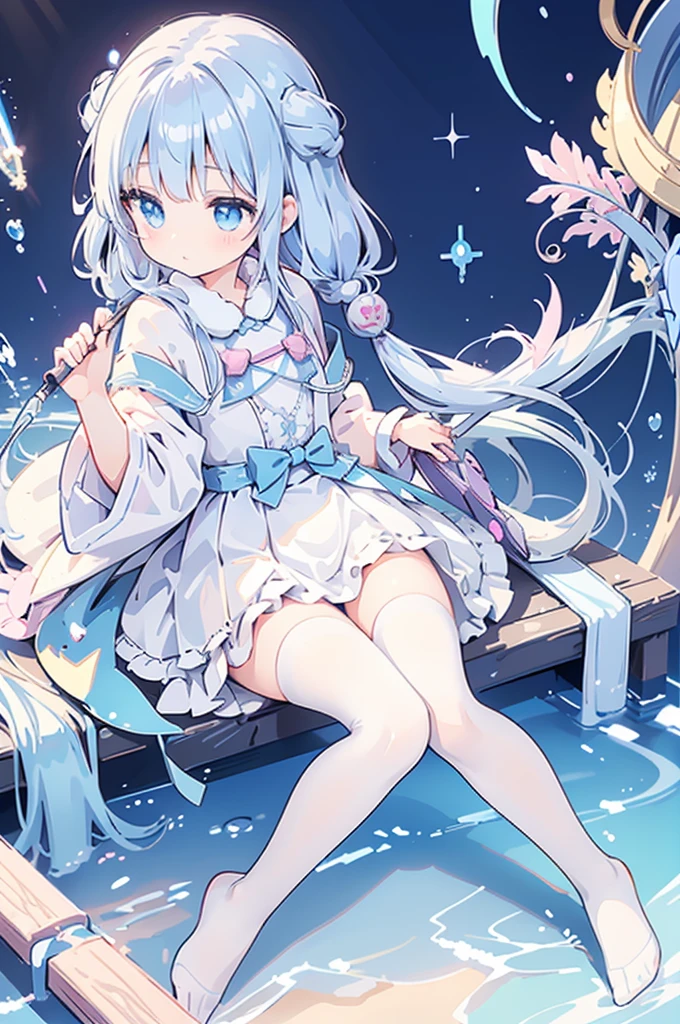 A magical girl with a mermaid motif、Highest quality、Loriータ、Confused eyes、***********************、small、Lori、Young Girl、Water Manipulation Magic、Magical girl who controls water、beautiful girl、cute、Full-body portrait、light blue、Have a koto、Playing the lyre、Clear eyes、pose、Magic Exercises