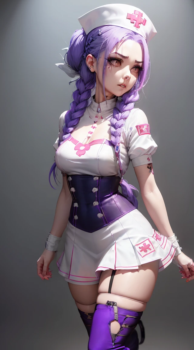 Jinx Nurse，Nurse Hat，(White nurse costume)，Rote Rose Tattoo am Arm，Blue twisted braid，Runaway Lori，League of Legends ，Full body，(knee-high boots)),purple rosin mesh leggings),(stand on one&#39;s feet)，The background is dark and hard，There is a feeling of danger and intensity。