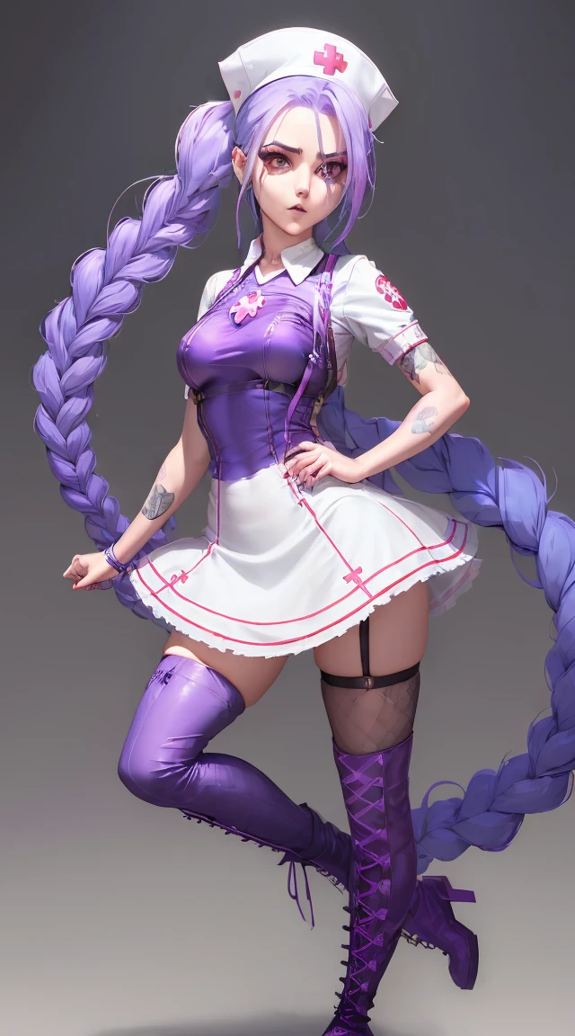 Jinx Nurse，Nurse Hat，(White nurse costume)，Rote Rose Tattoo am Arm，Blue twisted braid，Runaway Lori，League of Legends ，Full body，(knee-high boots)),purple rosin mesh leggings),(stand on one&#39;s feet)，The background is dark and hard，There is a feeling of danger and intensity。