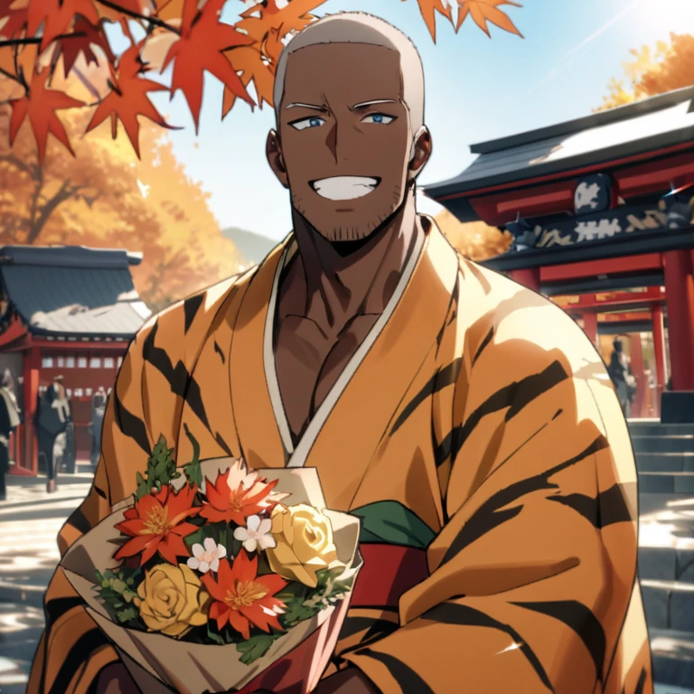 {{{{{Mastepiece,Best Quality,Super detailed,8k}}}}},1. Tall Man,Ganguro,Chocolate Brown Skin,A happy smile,Short hair and stubble,Cool Face,EyesBeautiful Eyes,Holding a bouquet,Beautiful shrine with autumn leaves in the background,(Tiger Print Kimono:1.08),sun glasses,