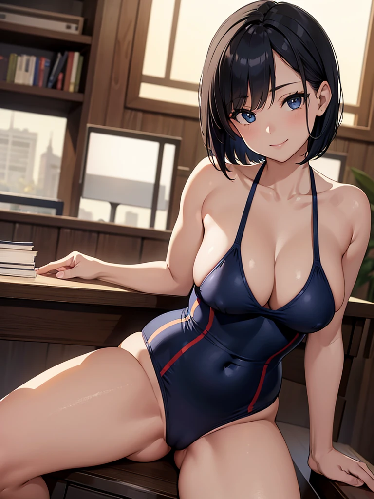 masterpiece, best quality, high definition images, atmospheric perspective, expressive eyes, perfect face, ultra detailed, solo, 1mature seductive woman sitting down in a carelessly sprawled on desk, alluring pose, black short bob hair, navy competition swimsuit, spread legs, curvy, thighs, calm smile, in study room,