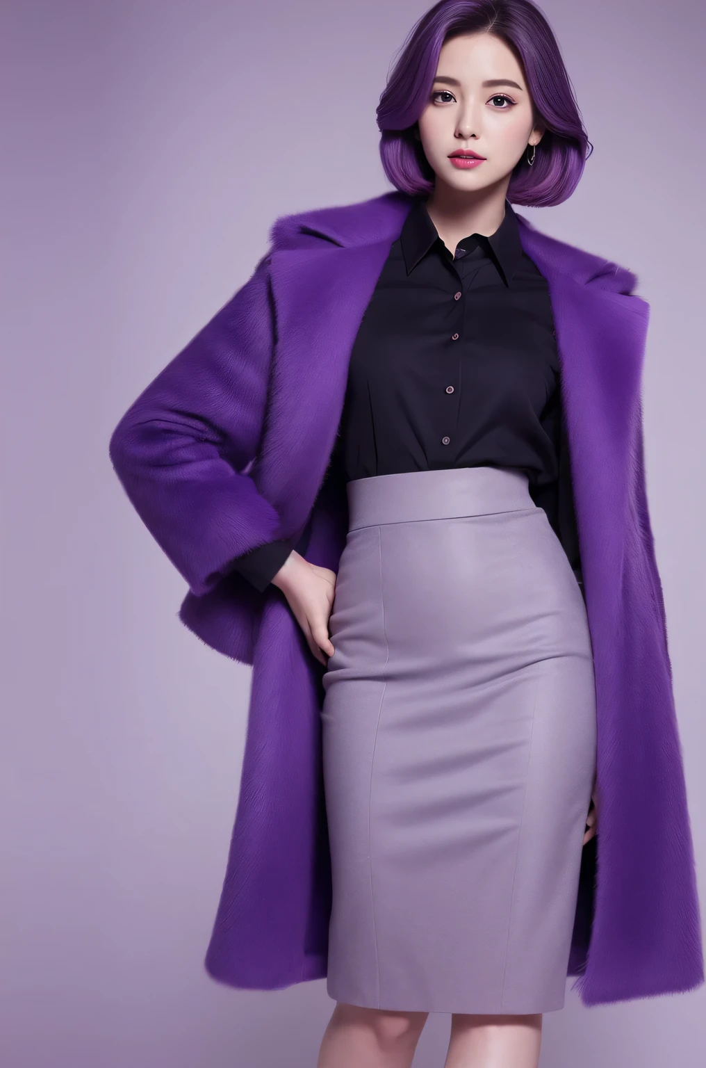 Reality, high resolution, 1 female, Hips up, beautiful eyes, purple gradient hair, Dark circles under eyes, Collared shirt,tie,Purple skirt, Pencil Skirt, Fur coat