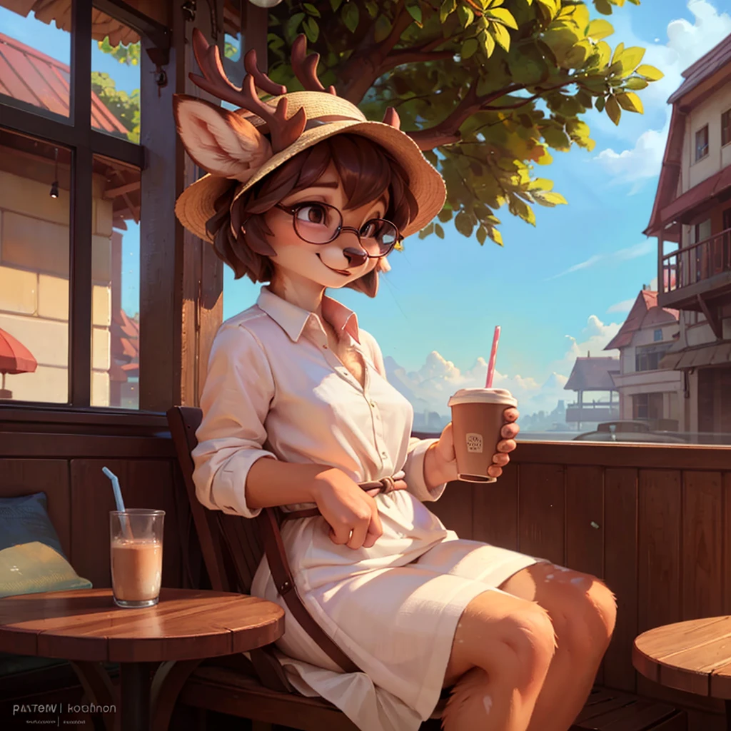 uploaded on e621, by Pixelsketcher, by Bayard Wu, by Thomas Benjamin Kennington , by Einshelm, by hioshiru and kenket, Chunie, portrait, solo anthro female deer doe, tiny featureless breasts, tiny breasts, clear dark blue, cinematic lighting, day, sunny day, sitting outside at a café, café background, french background, old french background, shiny, short curly dark brown hair, short hair, wears big black nerd glasses, very very beautiful furry art, furry art, thoughtful, shiny, feminine, cute face, muzzle, fluffy chest, flawless face, Fallow deer, 1girl, Sakimichan is beautiful, Masterpiece, Wavethesallow Face, shiny, Detailed image, portrait, Detailed image, portrait, wears pure white wide, big blouse, wears beige summer straw hat, shiny, realistic face, perfect anatomy, hourglass body, anthropomorphic deer, happy, very happy, small ears, huge black nerd glasses, wide happy eyes, look at viewer, smiles, big smile, holds with both hands a cup of coffee, hourglass body, (furry body:1.1), anthropomorphic deer, small fluffy tail, detailed background, (cute anatomy:1.1), looks into the distance
