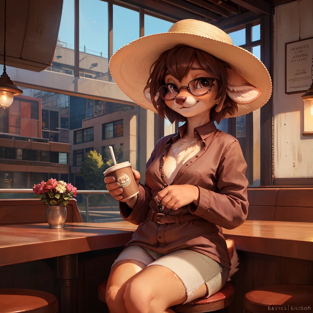 uploaded on e621, by Pixelsketcher, by Bayard Wu, by Thomas Benjamin Kennington , by Einshelm, by hioshiru and kenket, Chunie, portrait, solo anthro female deer doe, tiny featureless breasts, tiny breasts, clear dark blue, cinematic lighting, day, sunny day, sitting outside at a café, café background, french background, old french background, shiny, short curly dark brown hair, short hair, wears big black nerd glasses, very very beautiful furry art, furry art, thoughtful, shiny, feminine, cute face, muzzle, fluffy chest, flawless face, Fallow deer, 1girl, Sakimichan is beautiful, Masterpiece, Wavethesallow Face, shiny, Detailed image, portrait, Detailed image, portrait, wears pure white wide, big blouse, wears beige summer straw hat, shiny, realistic face, perfect anatomy, hourglass body, anthropomorphic deer, happy, very happy, small ears, huge black nerd glasses, wide happy eyes, look at viewer, smiles, big smile, holds with both hands a cup of coffee, hourglass body, (furry body:1.1), anthropomorphic deer, small fluffy tail, detailed background, (cute anatomy:1.1), looks into the distance
