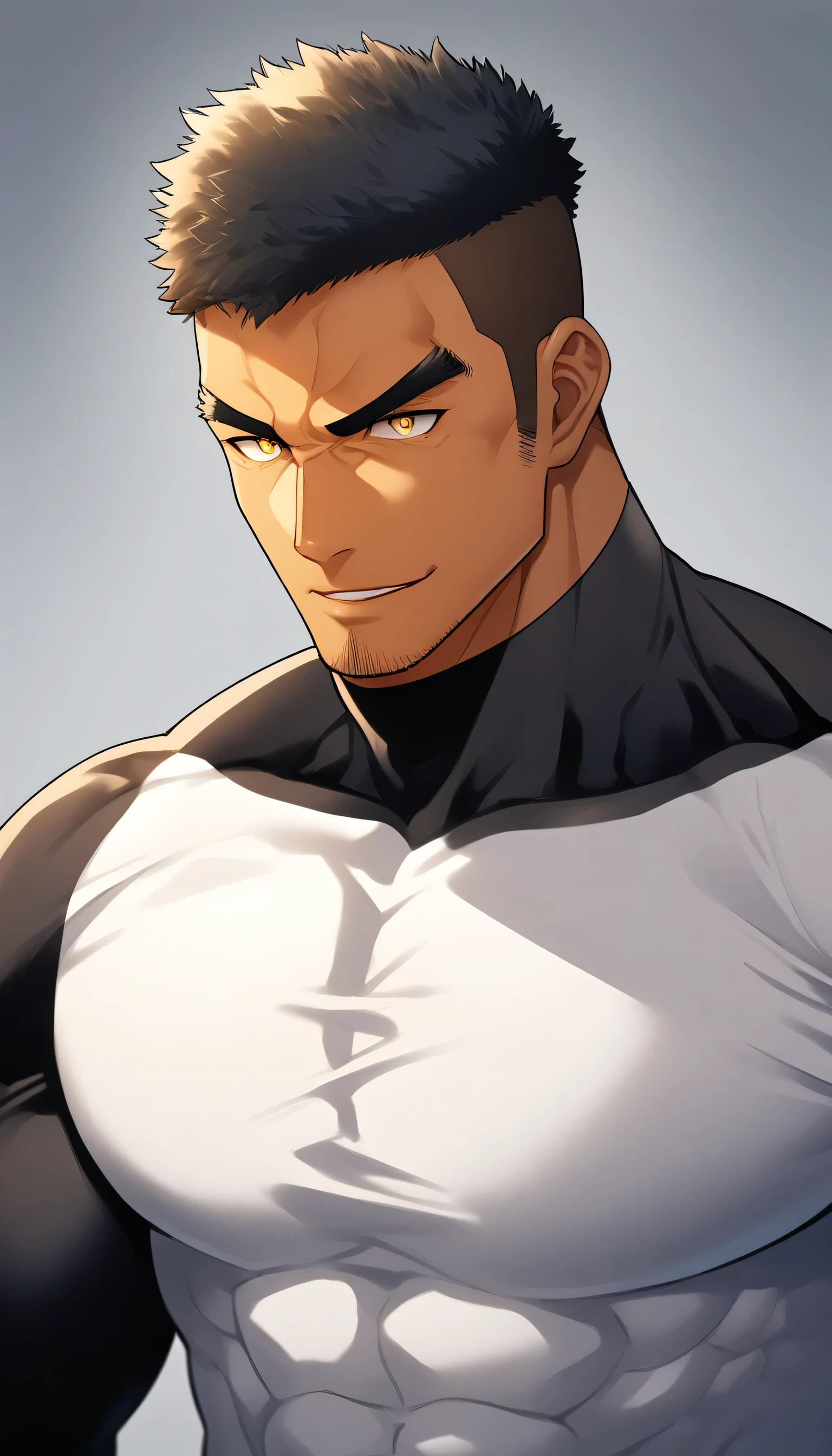 anime characters：Tights superhero, Muscle superhero, negro black skin, 1 dark skin muscular tough guy, Manliness, male focus, Yellow and black striped high collar long sleeve tight T-shirt, Slightly transparent material, Very tight, Round, full and perky chest muscles, Slightly transparent, muscular male, muscular, only, Upper body, alone, Black short hair, Thick eyebrows, stubble, Yellow eyes, Grey background, simple background, amazing quality, best aesthetics, Ridiculous, bright pupils, crew cut, parted lips, seductive smile, torogao, naughty face, drop shadow, best quality