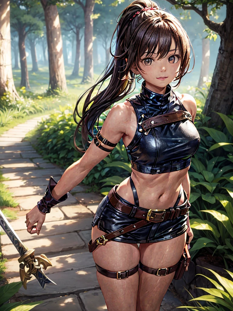 Young girl, tanned skin, short brown ponytail, golden eyes, no breasts!!!, smiling, leather harness, white sleeveless t-shirt!!!, black fabric short, leather belt, sword sheathed on right hip, walking on a path land, night forest (Best quality)