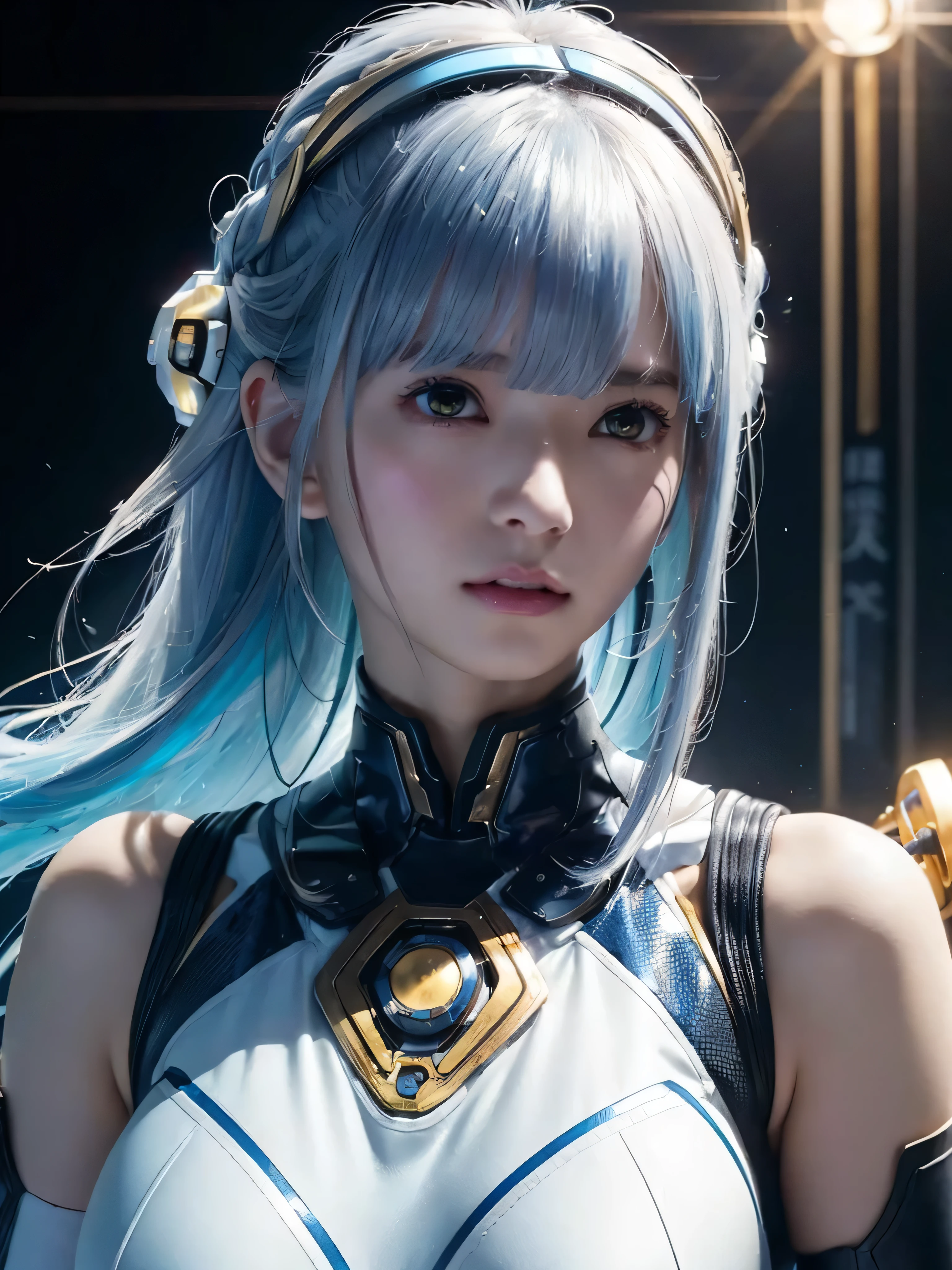 (Raw quality:1.4), Highest quality、masterpiece、Ultra-high resolution、(Photorealistic:1.4)、1 girl、Light blue hair、Straight hair, shiny clean hair、Beautiful bangs, White and glowing skin、Sexy Cyberpunk Girl、((Ultra-Realistic Details))、Shadow、Octane Rendering、Super sharp、Ultra detailed face、Fiberglass、Luminous tube、Very intricate details、Realistic Light、CGSoation Trend、((Golden Eyes))、(To the camera)、Neon Detailechanical limbal mechanical vertebrae attached to the back、Attaching a mechanical cervical vertebra to the neck、Wires and cables connected to the head、((Valkyrie))、((Beam Cannon))、Combat Stance