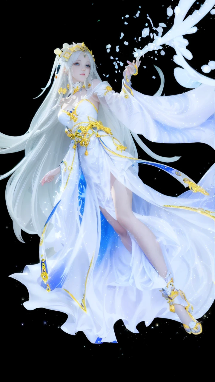 Anime girl in white with a flowing white dress and gold accents., Whole Xianxia, white haired god, ((Beautiful Fantasy Empress)), flowing white coat, anime goddess, Hess Jinyao, Beautiful Fantasy Empress, long, fine white hair, Flowing magic cloak, Anime Barbie in a white dress, beautiful heavenly mage, goddess. Very high detail