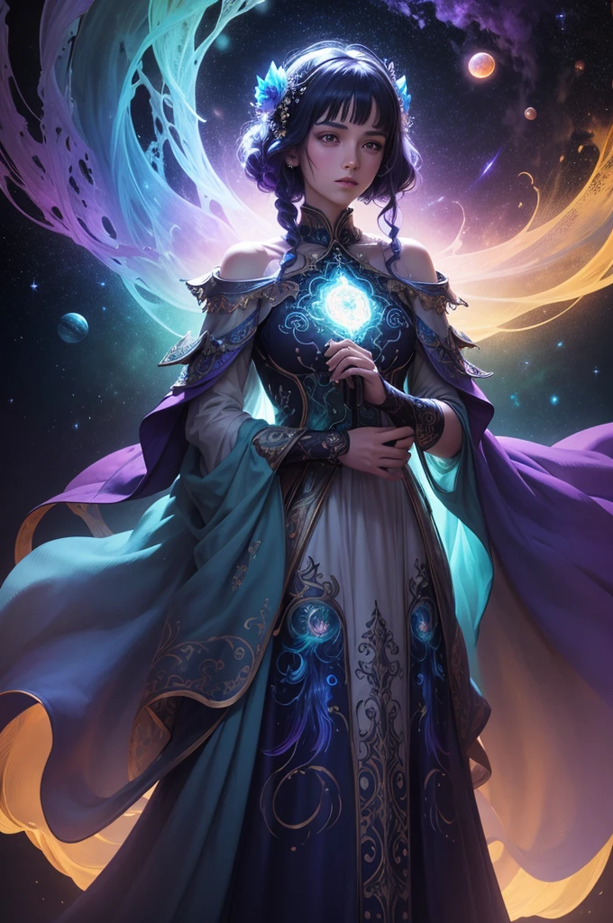 A stunning illustration of Surrealist illustration, featuring a regal figure shrouded in mist, rendered in mesmerizing bioluminescent neon watercolor hues, reminiscent of an ethereal dreamscape, washed across a stained glass canvas, evoking an air of mystical opulence. The celestial silhouette portrait, with intricately etched stars and planets, glows with an otherworldly luminescence, radiating an aura of enchantment. This ultra-high resolution masterpiece embodies a harmonious blend of mystical realism and cosmic fantasy, pulsing with iridescent shades of blue, purple, and green, inviting the viewer to step into its mystical realm.