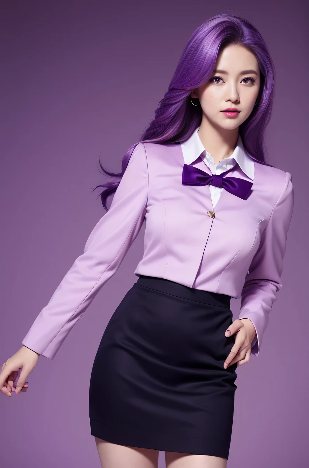 Reality, high resolution, 1 female, Hips up, beautiful eyes, purple gradient hair, Dark circles under eyes, Collared shirt,tie,Purple skirt, Pencil Skirt, Fur coat