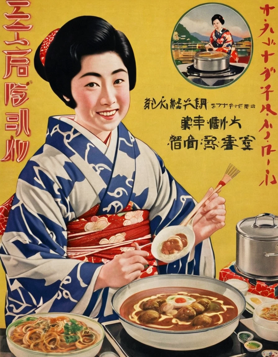 Highest quality、masterpiece、Retro image of a Japanese poster from the 1930s、One young woman、Kimono with geometric pattern、Cooking food、kitchen、Portrait、Close-up