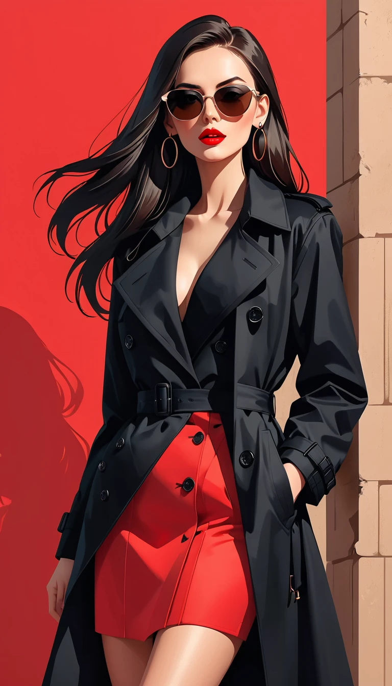 Simple vector illustration,Beautiful girl standing against the wall,Delicate red lips,unique,confidence,Long straight hair,sunglasses,Exaggerated earrings,unique,Staring at the audience),((Black deep V trench coat:1.37,Red bottoming skirt))。Looking from the bottom up,Geometric Light and Shadow,Clean and simple red background,watch