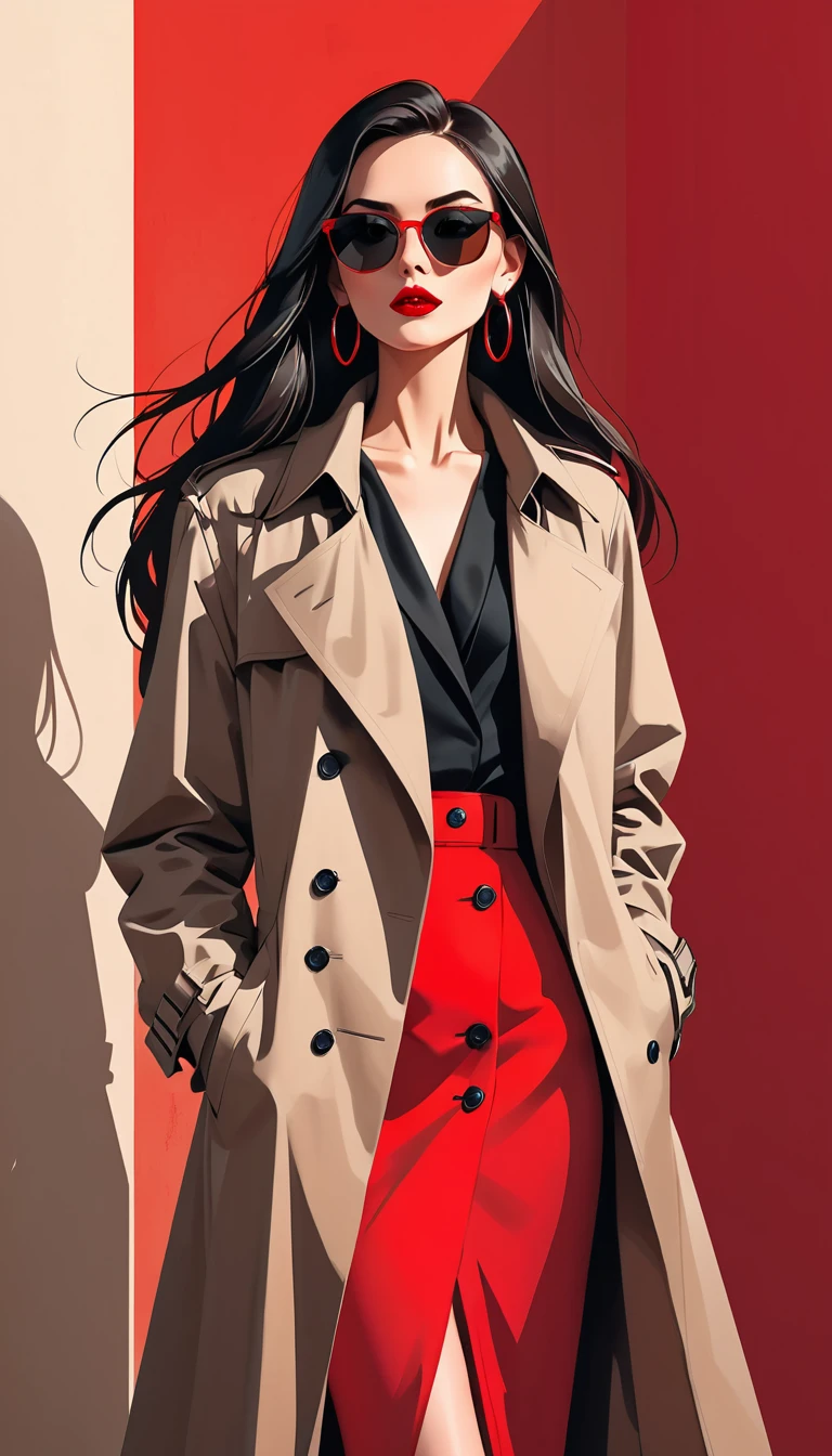 Simple vector illustration，Beautiful girl standing against the wall，Delicate red lips，unique，confidence，Long straight hair，sunglasses，Exaggerated earrings，unique，Staring at the audience），（(Black deep V trench coat：1.37，Red bottoming skirt)）。Looking from the bottom up，Geometric Light and Shadow，Clean and simple red background，watch