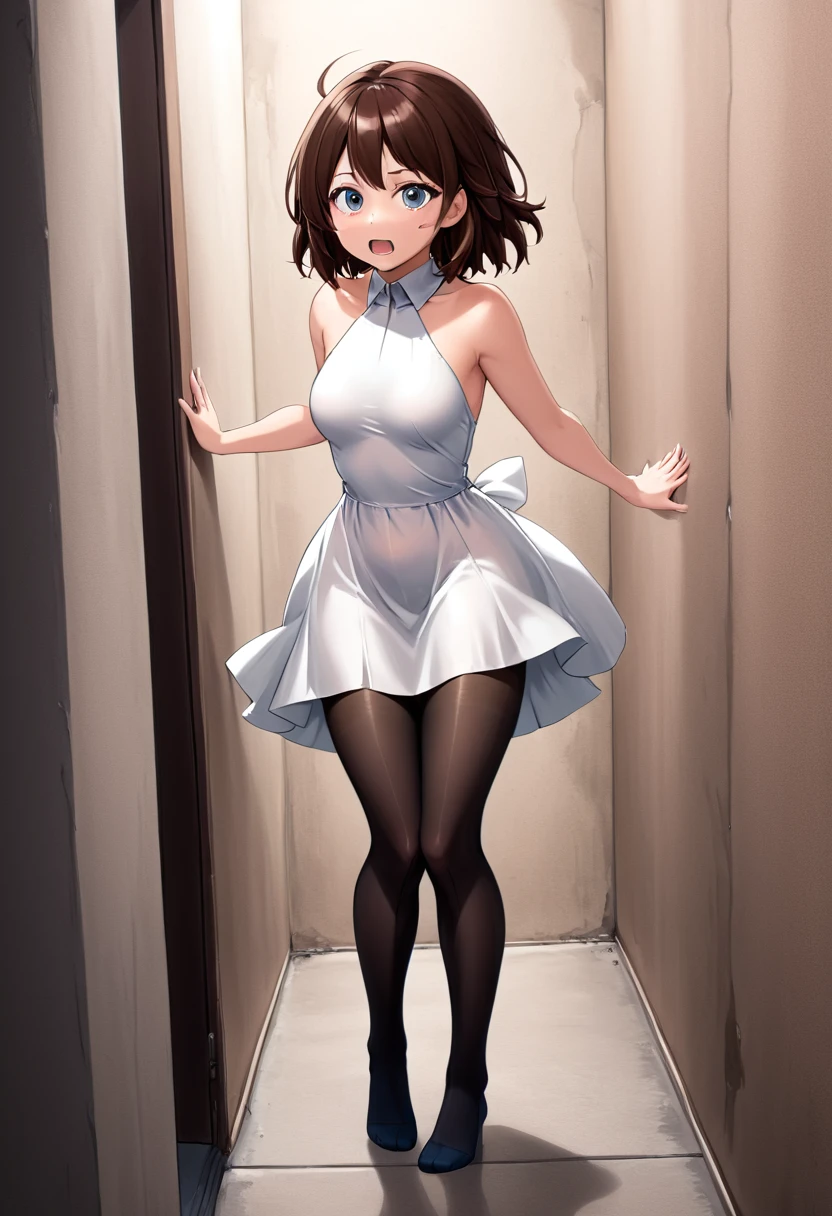 adult content, explicit content, horikoshi kouhei, 1girl, (uraraka ochako standing up against a wall:1.5), absurdres, bangs, blush, (long white dress:1.5), (sexy white dress:1.5), (sexy white dress that shows legs and naked pussy:1.5), boku no hero academia, (tiptoed barefoot:1.5), breasts, brown eyes, brown hair, clenched hands, commentary request, eyelashes, full body, highres, looking down, medium breasts, medium hair, skin tight, crying, solo, barefoot, (she is standing up:1.5), (sexy body:1.5), (show pussy:1.5), (tape gag:1.5), (black pantyhose:1.5)
