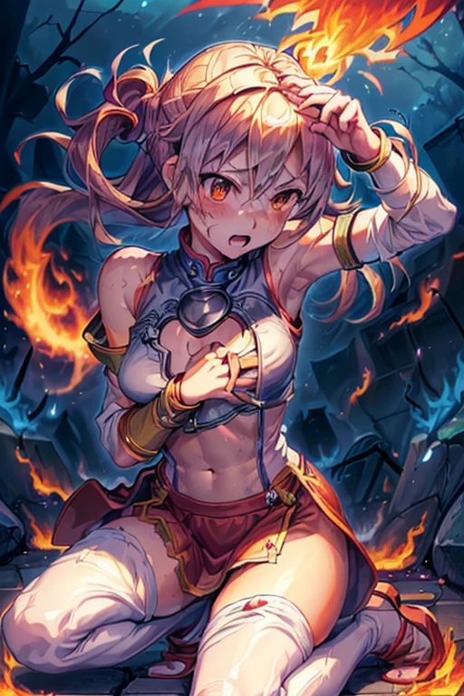 (((Dragon Quest 3 Costumes)))、distinct、(((Female)))、(((Whole body expression))),(((wise)))、(((alone)))、(((Go down)))、(((Clothes are torn)))、((Make the most of your original images))、((The clothes are severely torn))、((Bloodstained))、((Stockings are torn))、((Best image quality、8K))、Ultra-high resolution、(((On one knee)))、(((Hands tied with chains))),(((I'm fainting))),(((Bleeding from many wou(My chest is about to burst)))、(((The flames burn on the clothes)))、(((Hot air makes it hard to breathe)))、(((The costume is torn)))、(((Under attack from the enemy)))、(((My body is numb)))、(((Direct lightning strike)))、(((Rock Bottom of Despair)))、(((I am enduring it with willpower alone.))),(((The flames burn on the clothes)))、(((Eyes are clear)))、(((Getting punched in the stomach)))、(((Based on the original)))。