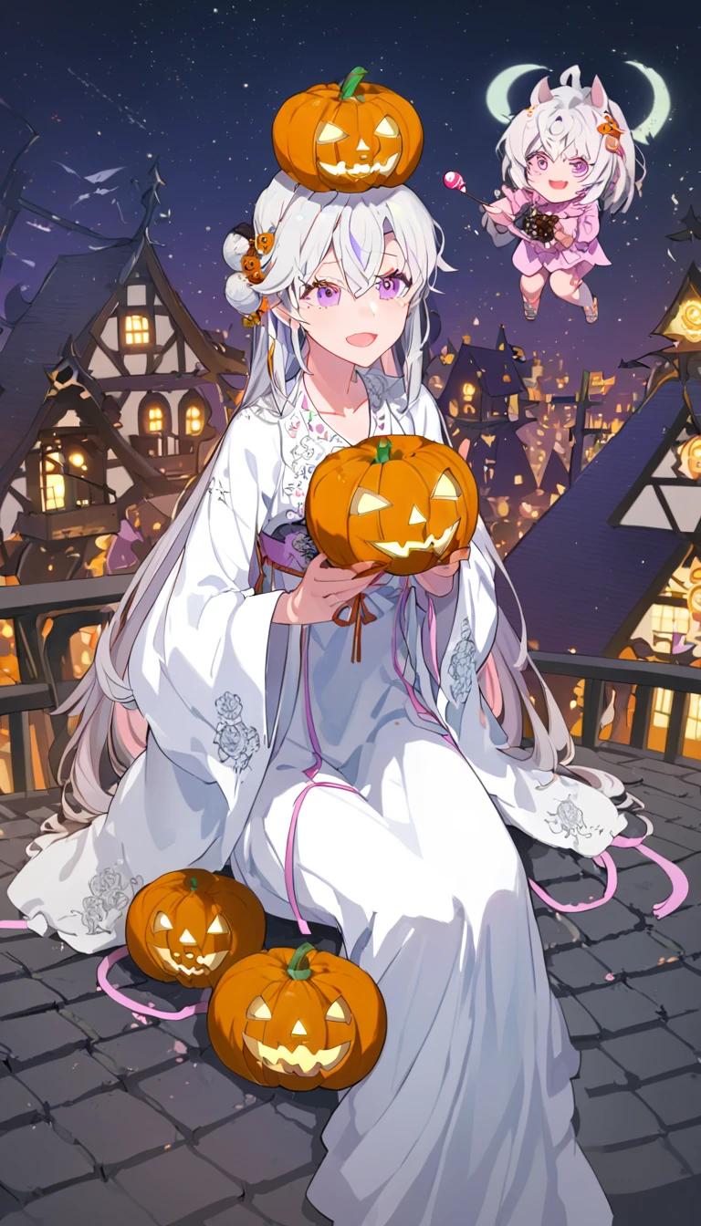 A girl sits on a roof under the stars，White color hair，Purple eyes，Holding a pumpkin head filled with candy，Bad laughs，kaftan，Gorgeous，European，Halloween