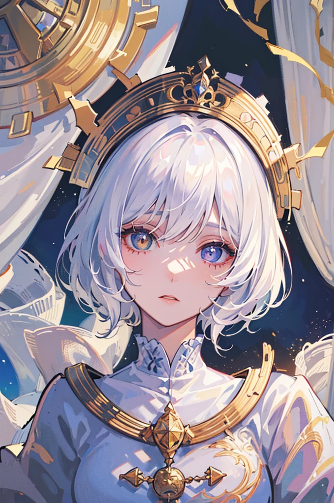 (masterpiece), (work of art), (amazing work), (detailed eyes), (delicate skin), (heterochromatic eyes), (multicolored), (short white hair with bangs), (sparkling eyes), (1girl) with witch's hat, ancient, old, wearing extravagant medieval clothes, masterpiece, best quality, best desinger, best illustration