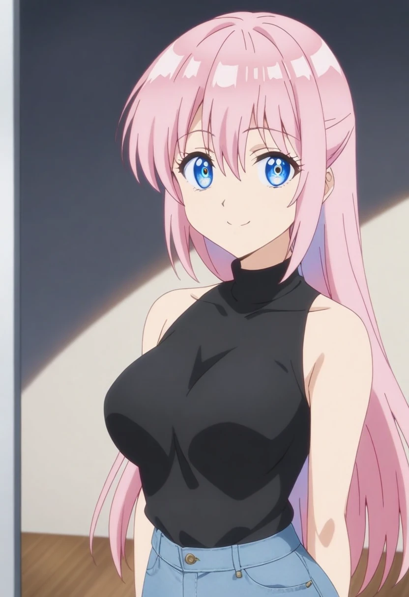 anime art style, masterpiece, best quality, very aesthetic, absurdres, dynamic shadows, atmosferic, shikimorisan, (1girl), pink hair, long hair, blue eyes, detailed eyes, shadows on eyes, hair between eyes, bangs, curvy body, medium breasts, makeup, curvy body, sexy, casual clothes, turtleneck shirt, denim shorts, bare arms, smile, ((upper body)), (from front), (standing), (indoors), (looking at viewer:1.0)