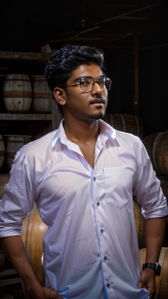 there is a man standing in front of a pile of barrels, jayison devadas style, jayison devadas, stylish pose, casual photography, shot on nikon z9, * colour splash *, portrait shot 8 k, taken with sony alpha 9, portrait mode photo, ayan nag, with lovely look, candid picture, wearing an white black t shirt, very artistic pose