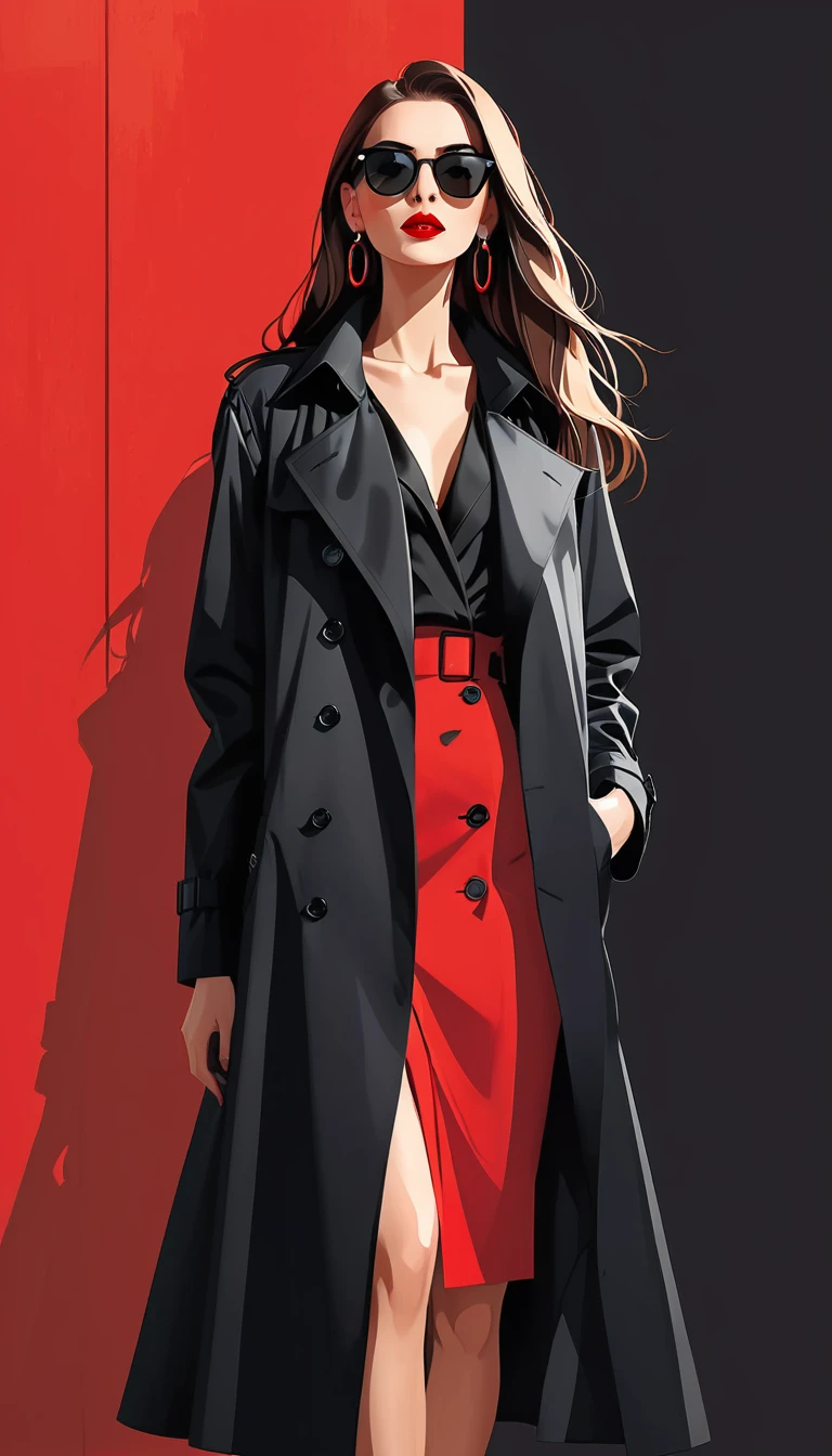 Simple vector illustration，Beautiful girl standing against the wall，Delicate red lips，unique，confidence，Long straight hair，sunglasses，Exaggerated earrings，unique，Staring at the audience），（Black deep V trench coat：1.37，Red bottoming skirt）。Looking from the bottom up，Geometric Light and Shadow，Clean and simple red background