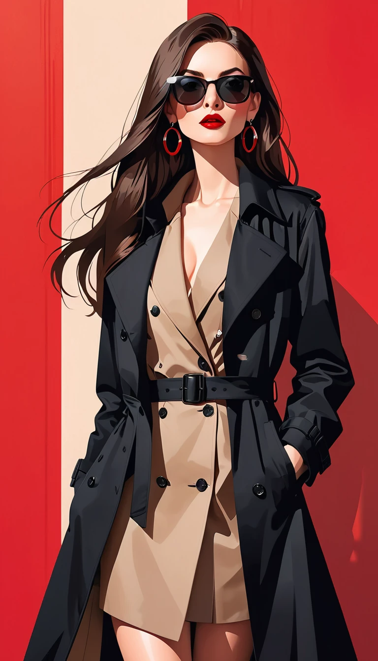 Simple vector illustration，Beautiful girl standing against the wall，Delicate red lips，unique，confidence，Long straight hair，sunglasses，Exaggerated earrings，unique，Staring at the audience），（Black deep V trench coat：1.37，Red bottoming skirt）。Looking from the bottom up，Geometric Light and Shadow，Clean and simple red background