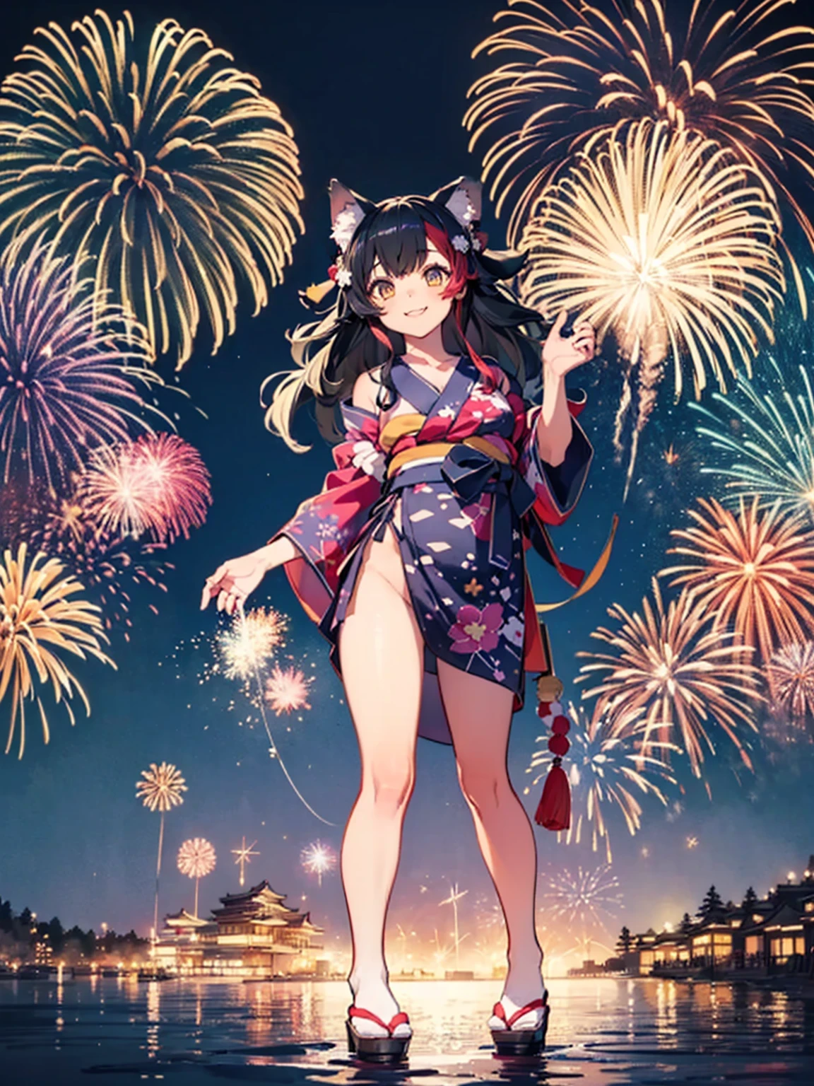 bbfbk, long hair, ahoge, animal ears, breasts, fox tail, bare shoulders, cleavage, blue bikini, front-tie bikini top, bikini skirt、(masterpiece, Highest quality, Super detailed),One girl,((super fine illustration)),((cute eyes,highly detailed skin)),((smile)),(well endowed,Blessed,Captivating body、Detailed Background)、(yukata:1.5),firework,(大量のfirework,Night view,Ocean)、Festivals, full body