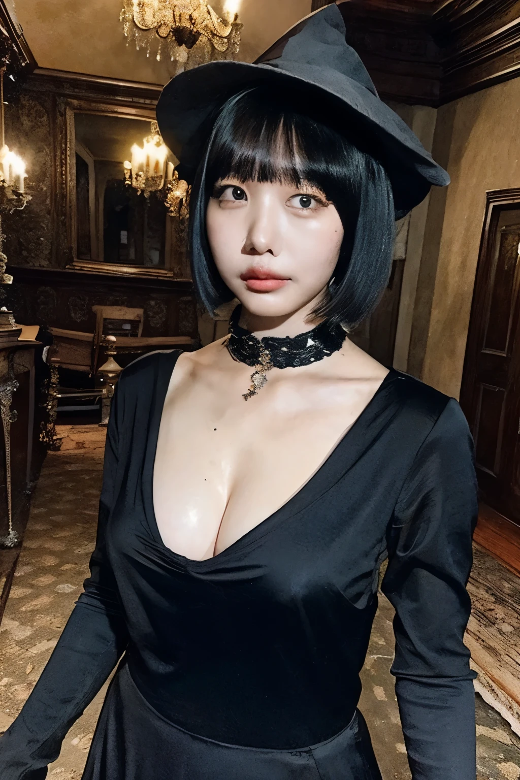 Black Hair、short hair、With bangs、Witch Hat、Beautiful breasts、Slim body、sexy witch costume、In a creepy mansion