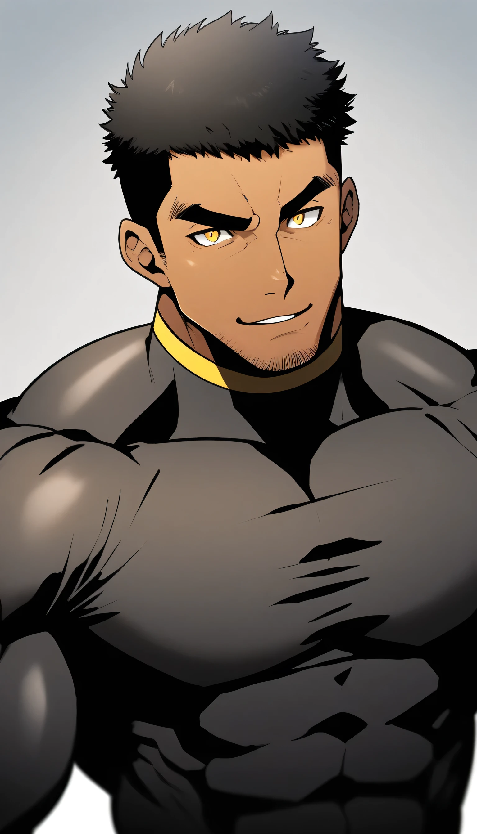 anime characters:Tights superhero, Muscle superhero, negro black skin, 1 dark skin muscular tough guy, Manliness, male focus, Yellow and black striped high collar long sleeve tight T-shirt, Slightly transparent material, Very tight, Round, full and perky chest muscles,Male dog waist,Slightly transparent, muscular male, muscular, only, Upper body, alone, Black short hair, Thick eyebrows, stubble, Yellow eyes, Grey background, simple background, amazing quality, best aesthetics, Ridiculous, bright pupils, crew cut, parted lips, seductive smile, torogao, naughty face, drop shadow, best quality