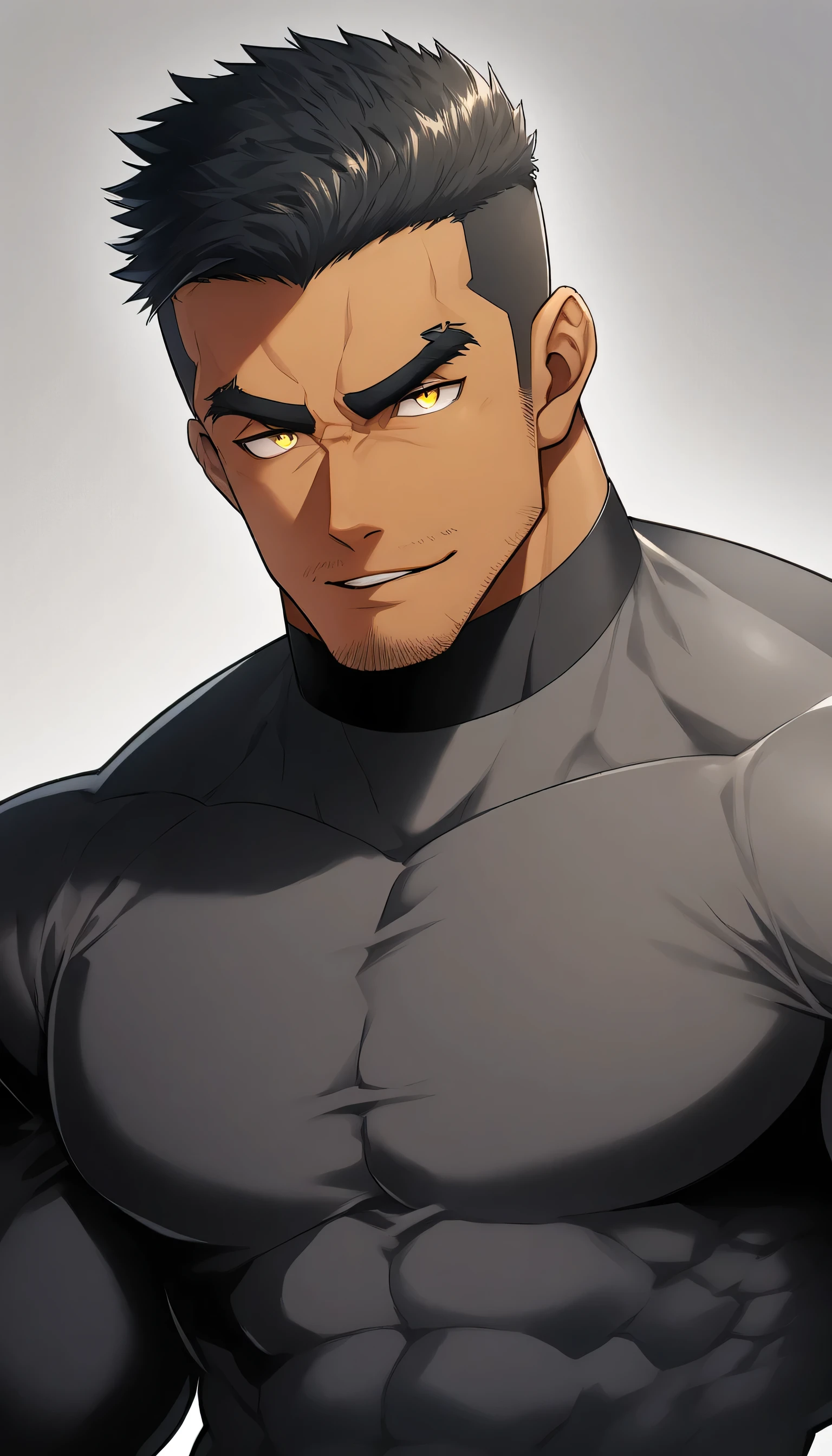 anime characters:Tights superhero, Muscle superhero, negro black skin, 1 dark skin muscular tough guy, Manliness, male focus, Yellow and black striped high collar long sleeve tight T-shirt, Slightly transparent material, Very tight, Round, full and perky chest muscles,Male dog waist,Slightly transparent, muscular male, muscular, only, Upper body, alone, Black short hair, Thick eyebrows, stubble, Yellow eyes, Grey background, simple background, amazing quality, best aesthetics, Ridiculous, bright pupils, crew cut, parted lips, seductive smile, torogao, naughty face, drop shadow, best quality
