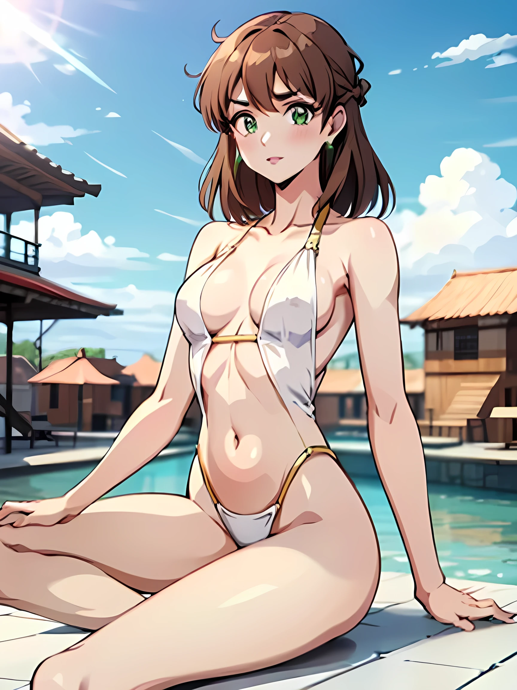 (Perfect body),Best Quality,(8K Portrait),(Official art)、((NSFW))、(((Lori)))、((Short stature))、(((Brown skin)))、Police Hat、((smirk grin))、(((put out the tongue)))、embarrassed from、1girl in,(blush),(Sweat),(((flat chest)))、(thick thighs)、(big butts)、((Pink hair))、(Short hair)、(((Wavy Hair)))、((Gold Bikini))、(Torn clothes)、 (yellow  eyes)、Hands behind the head、Armpits、(spreading legs)、(sitting on)、Cowboy Shot、in poolside、