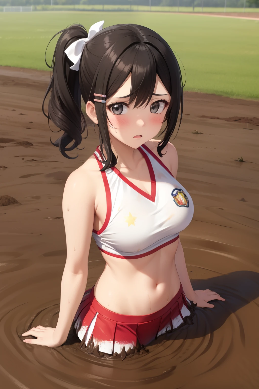 masterpiece, best quality, highly detailed, ultra high res, ayase arisa, 3girls, (mutiple girls), hair ornament, twintails, curly hair, side ponytail, glossy lips, cheerleader, looking at viewer, school field, medium breasts, halter top, (upset), (sinking in mud)