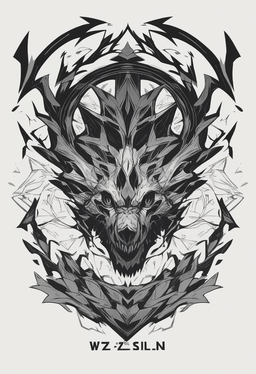 Black and white tattoo style design featuring a snarling wolf head with sharp teeth and an extended tongue, over a menacing human skull adorned with horns. Art with bold lines and crosshatched shading.