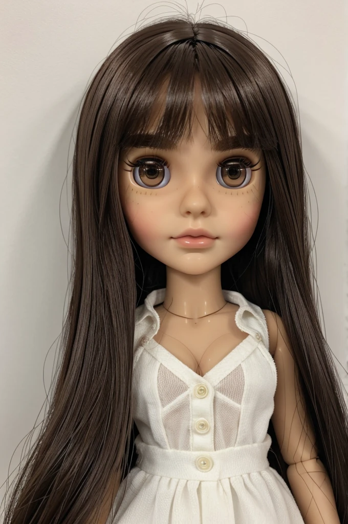 Blythe doll with copper hair down to below the shoulders, no bangs, brown eyes and white skin.